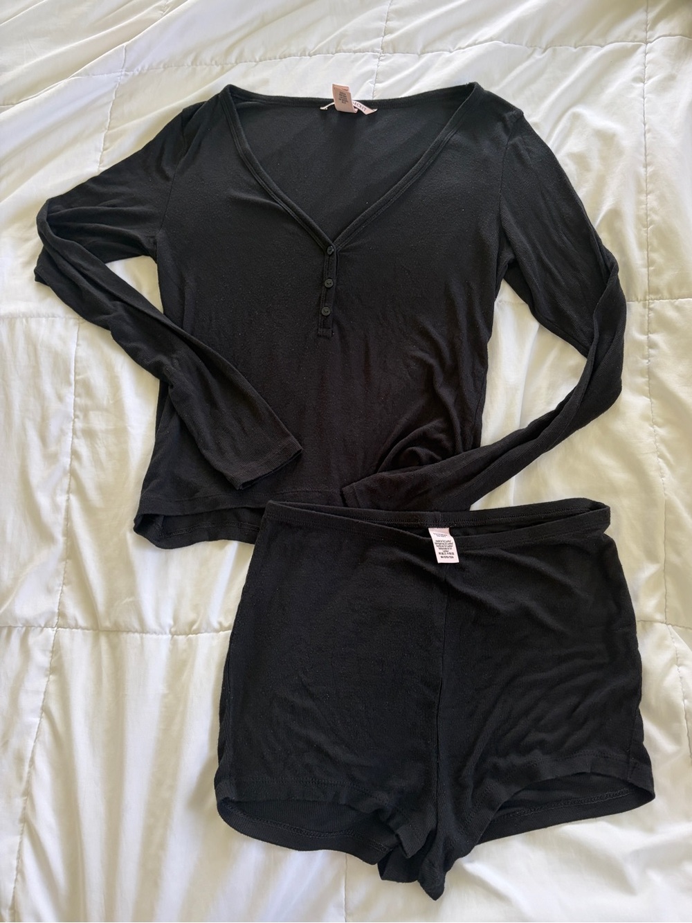 Victoria's Secret Black Long-Sleeve Henley Crop Top & Boyshorts Set